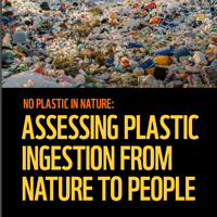 open landfill overflowing with plastic debris. Text: "No Plastic in Nature: Assessing Plastic Ingestion from Nature to People"