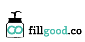 fillgood.co logo. Hand pump with recycling symbol inside.