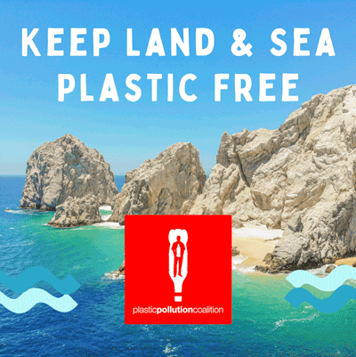 Keep land & sea plastic free. Logo of man with tie trapped in bottle: plastic pollution coalition